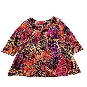 New Directions Woman 2X Blouse Abstract Print Smocked Neck 3/4 Sleeve Purple Red